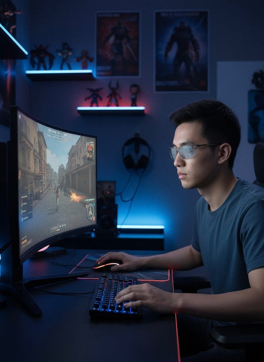 Jeune joueur jouant à l’ordinateur portant les lunettes gaming JIN